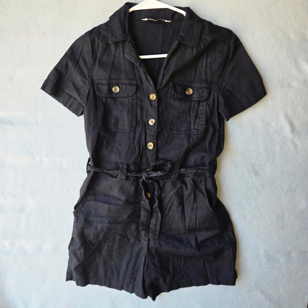 Black Short Sleeve Button Front Utility Romper with Tie Waist and Pockets